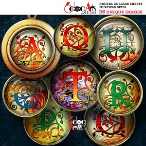 Puede incluir: Conjunto de ocho hojas de collage digital que presentan letras ornamentadas del alfabeto, cada letra rodeada de diseños florales y colocada sobre un fondo vintage. Las letras son en tonos de rojo, verde, azul y amarillo.