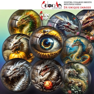 Dragon Digital Collage Sheets Dragon Eyes Printable Images Download for Crafts Scrapbooking 20mm, 18mm, 16mm, 14mm, 12mm Circles JC-448C