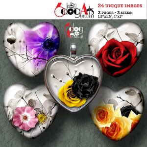 Folhas de colagem digital de flores de outono para impressão, download de pingentes, suprimentos para scrapbooking e joias, 1,5 x 1,5 e 1 x 1 polegada, corações JC-223H