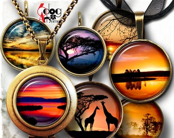 May include: A collection of round pendant necklaces with sunset and landscape images. The pendants have bronze-colored frames and chains. The image also includes the text "DIGITAL COLLAGE SHEETS MULTIPLE SIZES 48 UNIQUE IMAGES".