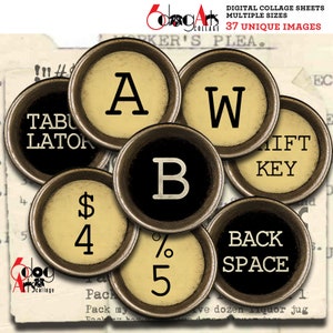 May include: A set of eight vintage typewriter keys with black and white lettering. The keys feature letters, numbers, and symbols, including "A", "W", "B", "$4", "%5", "TABULATOR", "SHIFT KEY", and "BACK SPACE".