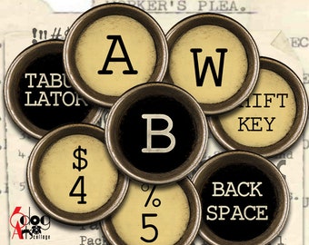 Old Typewriter Keys Digital Collage Sheets Printable Download Resin Pendants Earrings Rings Crafts 16mm, 14mm, 12mm, 10mm Circles JC-188