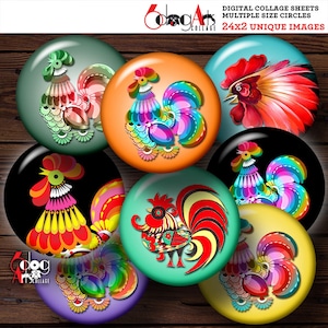 Folk Rooster Digital Collage Sheets Printable Download for Bottle Caps Pendants Paper Crafts 40mm 1.5&quot; 1.25&quot; 1&quot; 30mm 25mm Circles JC-318