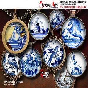 Può includere: Un set di 50 fogli di collage digitale con immagini uniche di design Delftware. Le immagini sono in uno schema di colori blu e bianco e presentano vari motivi, tra cui fiori, uccelli e animali. Le immagini sono perfette per creare collage digitali, scrapbooking e altri progetti di artigianato.
