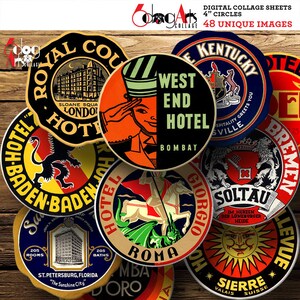 Vintage Luggage Labels Digital Collage Sheets Printable Images Download 4&quot; Circles for Coasters, Paperweights, Magnets, Scrapbooking JC-347
