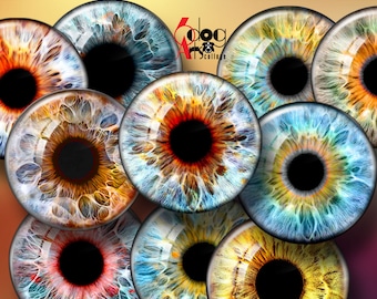 Colorful Doll Eyes Digital Collage Sheets Realistic Irides 20mm, 18mm, 16mm, 14mm, 12mm, 10mm, 8mm, 6mm Circles Doll Making Download JC-412