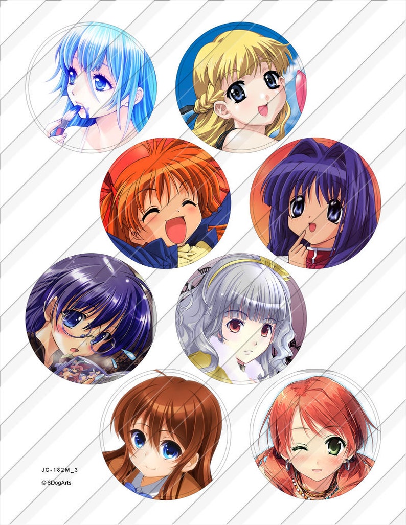 K&ouml;nnte beinhalten: Satz mit sieben runden Anime-Charakter-Kn&ouml;pfen. Jeder Knopf zeigt ein anderes Anime-M&auml;dchen mit verschiedenen Haarfarben, darunter Blau, Blond, Orange, Lila und Braun. Die Kn&ouml;pfe sind alle kreisf&ouml;rmig und haben einen wei&szlig;en Hintergrund.