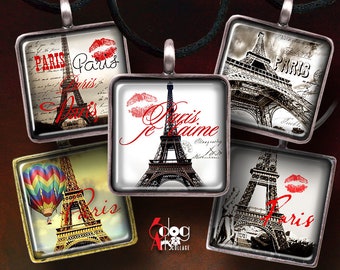 Paris Mon Amour 1.5", 1", 30mm, 15mm Squares & Scrabble Ties Digital Collage Sheets Printable Download Pendants Glass Cabochons JC-249S