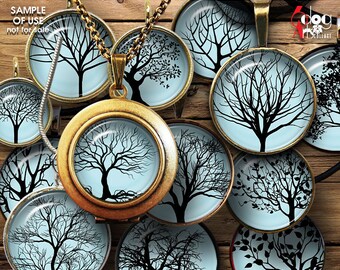 May include: A set of 24 digital collage sheets featuring black silhouette images of bare trees on a light blue background. The images are arranged in a circle around a larger image of a tree in a locket.