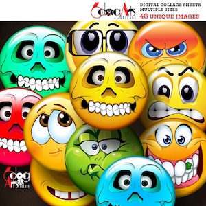 Smileys, digitale emoji-collagevellen afdrukbare download 70 mm (2,755") en 1,85" cirkels voor 53 mm (2,25") en 1,5" knoppen, spiegels JC-105 M