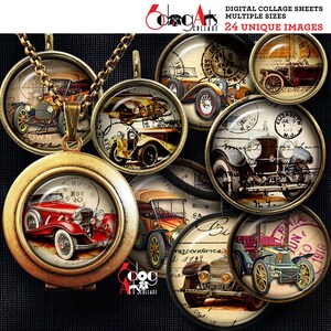 Vintage Auto Digital Collage Sheets Druckbare Downloads - Kronkorken Anhänger Cabochons Scrapbooking 1,5 "1,25" 1" 30 mm 25 mm Kreise JC-252