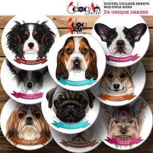 Dog Breeds Digital Collage Sheets Printable 2.755&quot;, 2.09&quot;, 1.85&quot;, 1.629&quot;, 1.375&quot; Circles for 2.25&quot;, 1.75&quot;, 1.5&quot;, 1.25&quot;, 1&quot; Buttons JC-122B