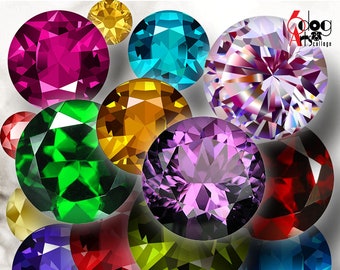Digitale Collage-Vorlagen mit Edelsteinen zum Ausdrucken – Flaschendeckel-Anhänger, Cabochons, Scrapbooking, 1,5", 1,25", 1", 30, 25 mm Kreise JC-093