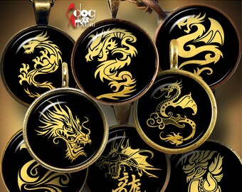 Golden Dragons Digital Collage Sheets Printable Downloads - Bottle Caps Pendants Cabochons 40mm, 1.5", 1.25", 30mm, 1", 25mm Circles JC-205C