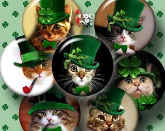 St Patrick's Cat Digital Collage Sheets Printable Downloads Earrings Pendants Glass Cabochons 20mm, 18mm, 16mm, 14mm, 12mm Circles JC-385C