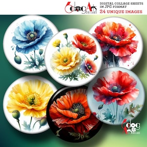 Mohn Blumen Digital Collage Sheets Printable 2.755", 1.85", 1.629", 1.375" Kreise für 2.25", 1,5", 1,25" Buttons JC-362B