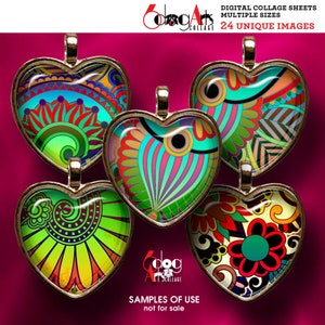 May include: Five heart-shaped pendants with colourful, intricate patterns. The pendants are made of glass and have a gold-coloured metal frame. The patterns are reminiscent of 1960s and 1970s psychedelic art.