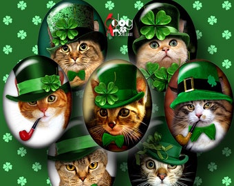 St Patrick's Cat Digital Collage Sheets Printable Download for Pendants Glass Cabochons 30x40mm, 22x30mm, 18x25mm, 13x18mm Ovals JC-385O