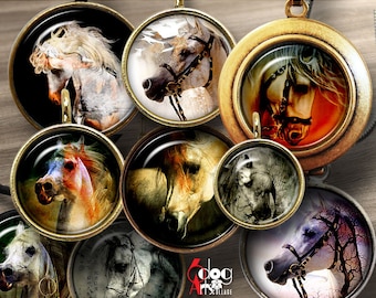 Horse Digital Collage Sheets Printable Downloads - Bottle Caps Pendants Cabochons Scrapbooking 40mm 1.5" 1.25" 1" 30mm 25mm Circles JC-231C