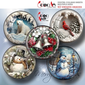 May include: Digital collage sheets featuring 40 unique winter-themed images. The designs include a polar bear, a cardinal, a snowman, and Christmas bells. The text "Merry Christmas" is also visible.