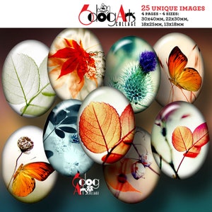 May include: Set of 25 unique images for crafting, featuring nature-inspired designs. The images include butterflies, leaves, flowers, and other botanical elements. The images are printed on round, clear cabochons in four sizes: 30mm, 22mm, 18mm, and 13mm.