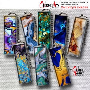 May include: Eight digital collage sheets featuring abstract designs with swirling patterns in shades of blue, green, gold, and purple. The images are displayed on silver chains, suggesting they are intended for use as digital pendants or charms.