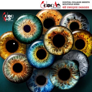48 Realistic Doll Eyes Digital Collage Sheets Printable Download 20mm-4mm Circles JC-016