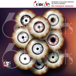 Puede incluir: Una hoja de collage digital de 24 imágenes únicas de ojos espeluznantes y realistas con iris y pupilas de diferentes colores. Los ojos están sobre un fondo morado oscuro con un degradado rojo y naranja en el fondo.