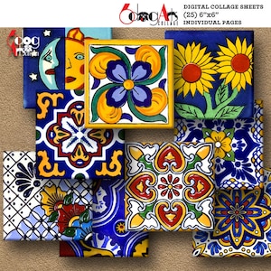 25 6"x6" Mexican Talavera Tiles Individual Sheets Printable Download Square Images for Crafts JC-378