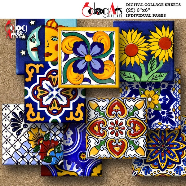 25 6"x6" Mexican Talavera Tiles Individual Sheets Printable Download Square Images for Crafts JC-378