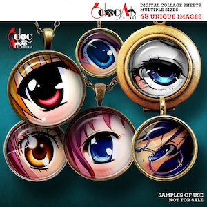 Anime Manga Eyes Digital Collage Sheets Printable Download for Mini Bottle Caps Pendants Paper Crafts 20, 18, 16, 14, 12mm Circles JC-005