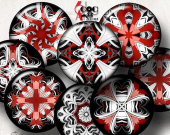 Red & Black Mandala Digital Collage Sheets Printable Download Bottle Caps Pendants Scrapbooking 40mm 1.5" 1.25" 1" 30mm 25mm Circles JC-116C