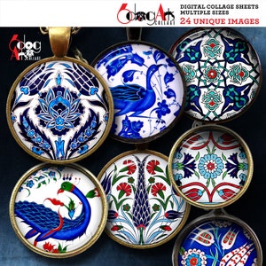 Digital Collage Sheets Iznik Pottery Printable Download Bottle Caps Glass Cabochons Scrapbooking 1.5&quot; 1.25&quot; 1&quot; 30mm 25mm Circles JC-328