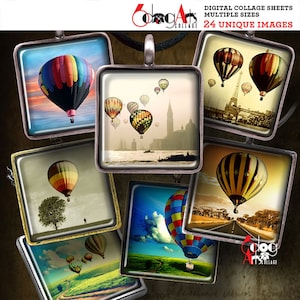 Hot Air Balloons 1.5", 1", 30mm, 15mm Square Ties Digital Collage Sheets Printable Download - Pendants Glass Cabochons Scrapbooking JC-268S