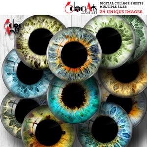 Può includere: Un set di 10 fogli di collage digitale con illustrazioni di occhi colorati. Gli occhi sono di varie tonalità di blu, verde, marrone e giallo. Le immagini sono perfette per progetti di artigianato, scrapbooking e arte digitale.