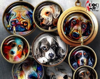 Dog Painting Digital Collage Sheets Printable Download Bottle Caps Pendants Glass Cabochons 40mm, 1.5", 1.25", 30mm, 1", 25mm Circles JC-149
