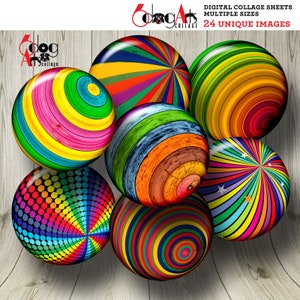 Rainbow Ball Digital Collage Sheets Printable Download Bottle Caps Pendants Scrapbooking Crafts 1.5&quot;, 1.25&quot;, 1&quot;, 30mm, 25mm Circles JC-300C