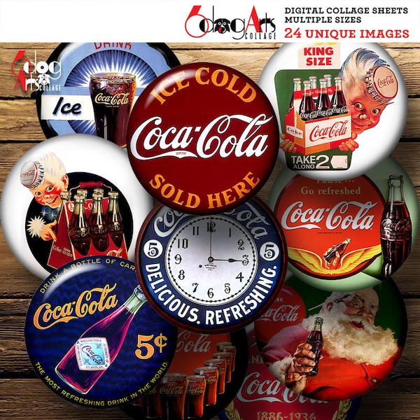 Vintage Coca Cola Ads Digital Collage Sheets Printable Images Download for Bottle Caps Pendants 1.5, 1.25, 1", 30, 25mm Circles JC-346C