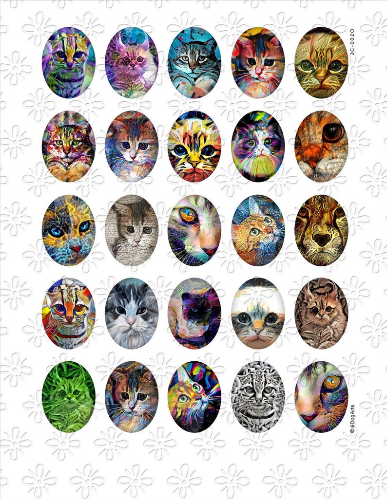 Cat Painting Digital Collage Sheets Printable Download Pendants Cabochons Paper Crafts 30x40mm, 22x30mm, 18x25mm, 13x18mm Ovals JC-002O image 3