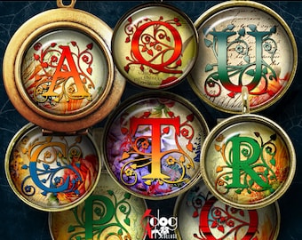Retro Alphabet Letters Digital Collage Sheets Printable Downloads for Bottle Caps Pendants Crafts 1.5", 1.25", 30mm, 1", 25mm Circles JC-267