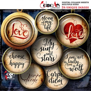Love Quotes Digital Collage Sheets Printable Download Bottle Caps Pendants Glass Cabochons 40mm, 1.5&quot;, 1.25&quot;, 30mm, 1&quot;, 25mm Circles JC-264