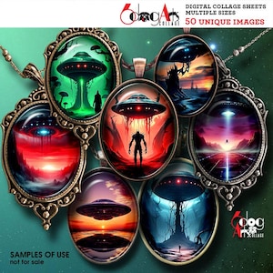 May include: A set of 10 digital collage sheets featuring 50 unique images of UFOs and alien landscapes. The images are in a variety of styles, from realistic to whimsical. The collage sheets are perfect for creating unique and eye-catching crafts.