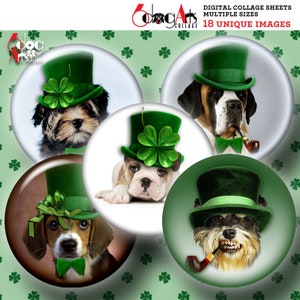 May include: Set of six digital collage sheets featuring adorable dogs wearing green shamrock hats. Each sheet has a different dog breed with a unique expression. The images are perfect for crafting projects, scrapbooking, and digital design.