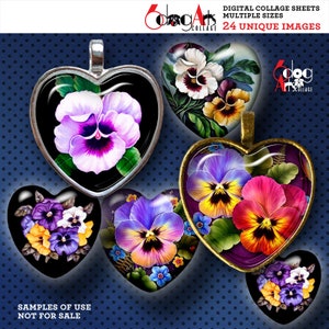 Pansy Digital Collage Sheets Printable Download for Pendants Cabochons Paper Crafts Downloadable 1.5x1.5 & 1x1 inch Hearts JC-041H