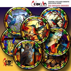 Stained Glass Digital Collage Sheets Printable Images Bottle Caps Pendants Cabochons Scrapbooking 1.5&quot;, 1.25&quot;, 1&quot;, 30mm, 25mm Circles JC-440