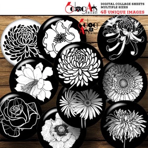BW Flowers Digital Collage Sheets Printable Download Mini Bottle Caps Pendants Glass Cabochons 20mm, 18mm, 16mm, 14mm, 12mm Circles JC-260