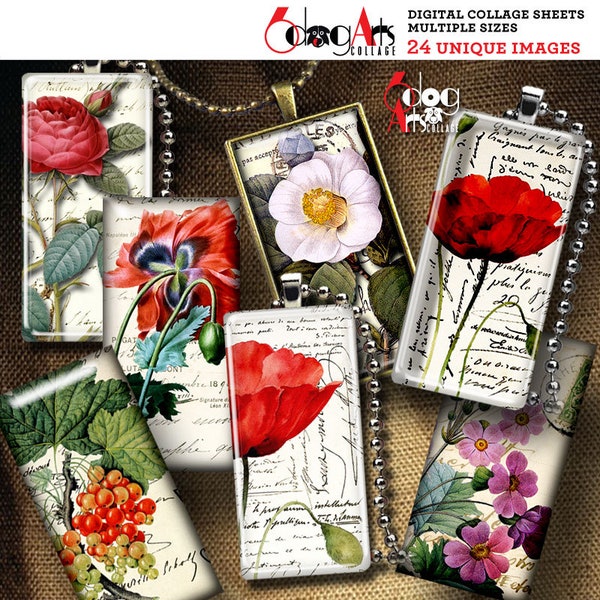 Vintage Flowers Digital Collage Sheets Printable Download for Domino Pendants Crafts - 1"x2", 19x38mm, 15x30mm, 10x22mm Rectangles JC-119