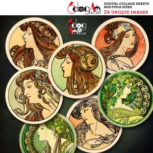 Alphonse Mucha 4&quot; Circles Digital Collage Sheets Printable Instant Download for Coasters, Paperweights, Magnets, Scrapbooking JC-422
