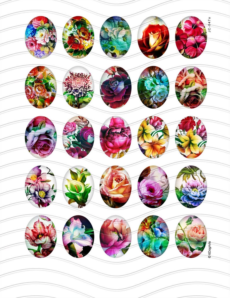 Op de afbeelding: Vierentwintig ovale cabochons met bloemmotieven. De cabochons tonen een verscheidenheid aan bloemen, waaronder rozen, lelies en madeliefjes. De bloemen zijn geschilderd in levendige kleuren, waaronder rood, roze, blauw, geel en groen.