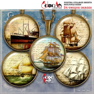 Carte postale de voyage ancienne, feuilles de collage numérique à télécharger, capsules de bouteilles, pendentifs, cabochons, cercles de 1,5 po. 1,25 po. 1 po. 30 mm, 25 mm JC-226